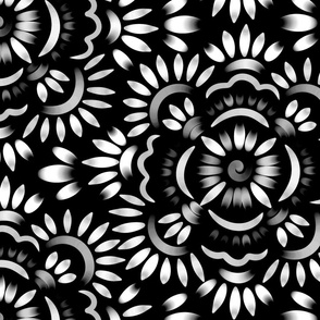 Beautiful Midnight  Cosmic Forest Flower -  Avatar Spirit Life -  Ancient Fantasy Glowing Secret Garden - Wonderland Ornamental Petal Mood - Dark Black White Neutral Light  Silver Gray -  Mega Large