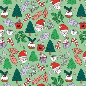Merry Christmas winter wonderland with pudding candy canes and coffee holiday snacks seasonal kids design vintage mint green pine lilac purple red