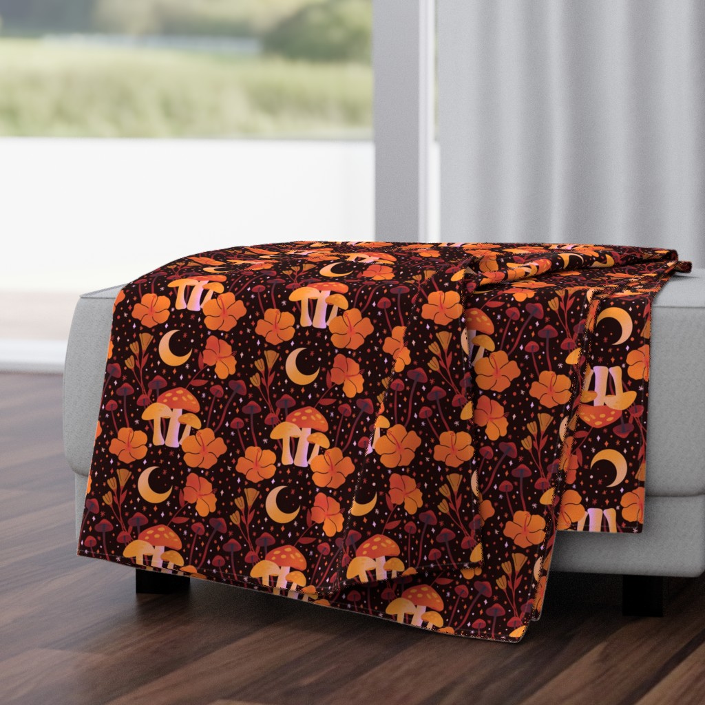 Mushrooms and Hibiscus Floral Fall Nights Pattern