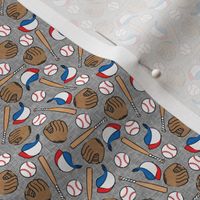 (micro scale) baseball season - baseball bat, glove, ball - baseball themed - grey - C22