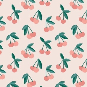 Little Cherry garden - summer boho fruit design kids food design emerald green blush pink on pale nude 