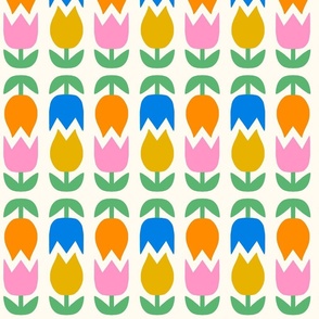 Medium Two Tulips Up and Down - retro scandi floral - blue, orange, pink and mustard yellow flowers - bright, colorful, bold and happy, for a pop of color in a kids room or any fun space 