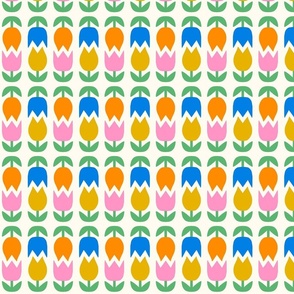 Two Tulips Up and Down - retro floral - blue, orange, pink and mustard yellow flowers - small