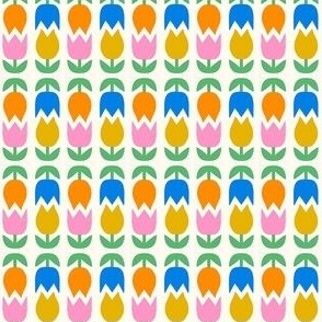 Two Tulips Up and Down - retro floral - blue, orange, pink and mustard yellow flowers - extra small 