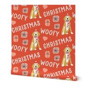 Woofy Christmas cute golden retriever with winter scarf and cap