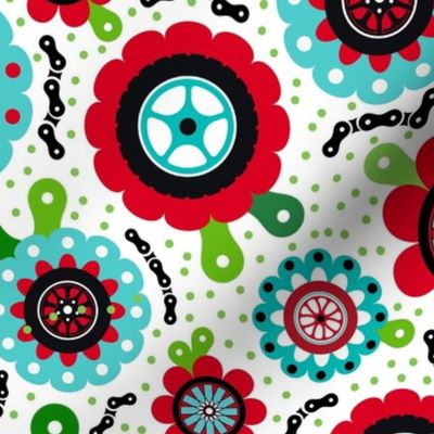 Large Scale Bike Ride Bicycle Tires and Chains Scandi Folk Flowers in Red and Aqua Blue on White