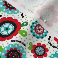 Medium Scale Bike Ride Bicycle Tires and Chains Scandi Folk Flowers in Red and Aqua Blue on White