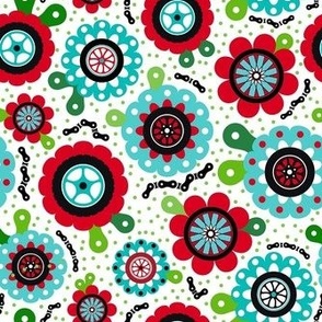 Medium Scale Bike Ride Bicycle Tires and Chains Scandi Folk Flowers in Red and Aqua Blue on White