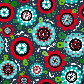 Large Scale Bike Ride Bicycle Tires and Chains Scandi Folk Flowers in Red and Aqua Blue on Navy