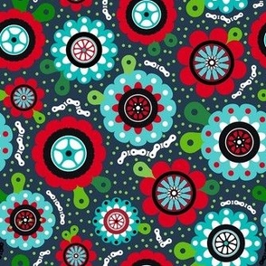 Medium Scale Bike Ride Bicycle Tires and Chains Scandi Folk Flowers in Red and Aqua Blue on Navy