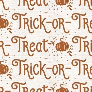Halloween Trick Or Treat Halloween Pattern, Fall Pumpkin, Tan and Rust Orange on Linen Texture