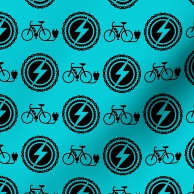 Medium Scale EBike Rider Electric Bicycle Enthusiast Black on Turquoise Blue