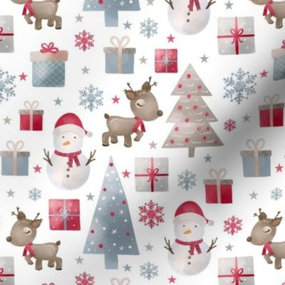 Medium Scale Christmas Wonderland Snowman Reindeer Gifts on White