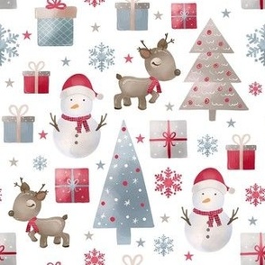 Medium Scale Christmas Wonderland Snowman Reindeer Gifts on White