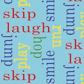 Kid words, jump, play, skip, blue