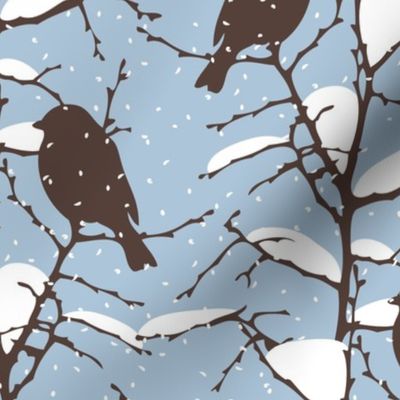 Birds Silhouetted on Snowy Tree Branches on a Winter Christmas Day