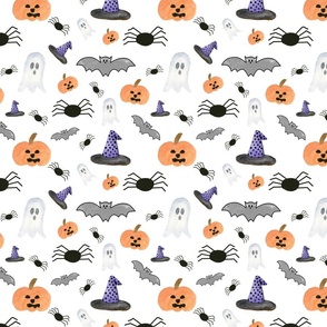Halloween pumpkin witch bat spider ghost on white