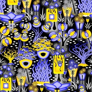 Wiggly Squiggly Glowing Plants // Luminescent Otherworldly Botanicals // Cobalt Blue, Yellow, Black and White