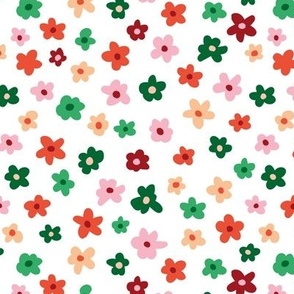 Minimalist ditsy flowers boho christmas  garden sweet blossom design colorful seasonal palette red green pink girls