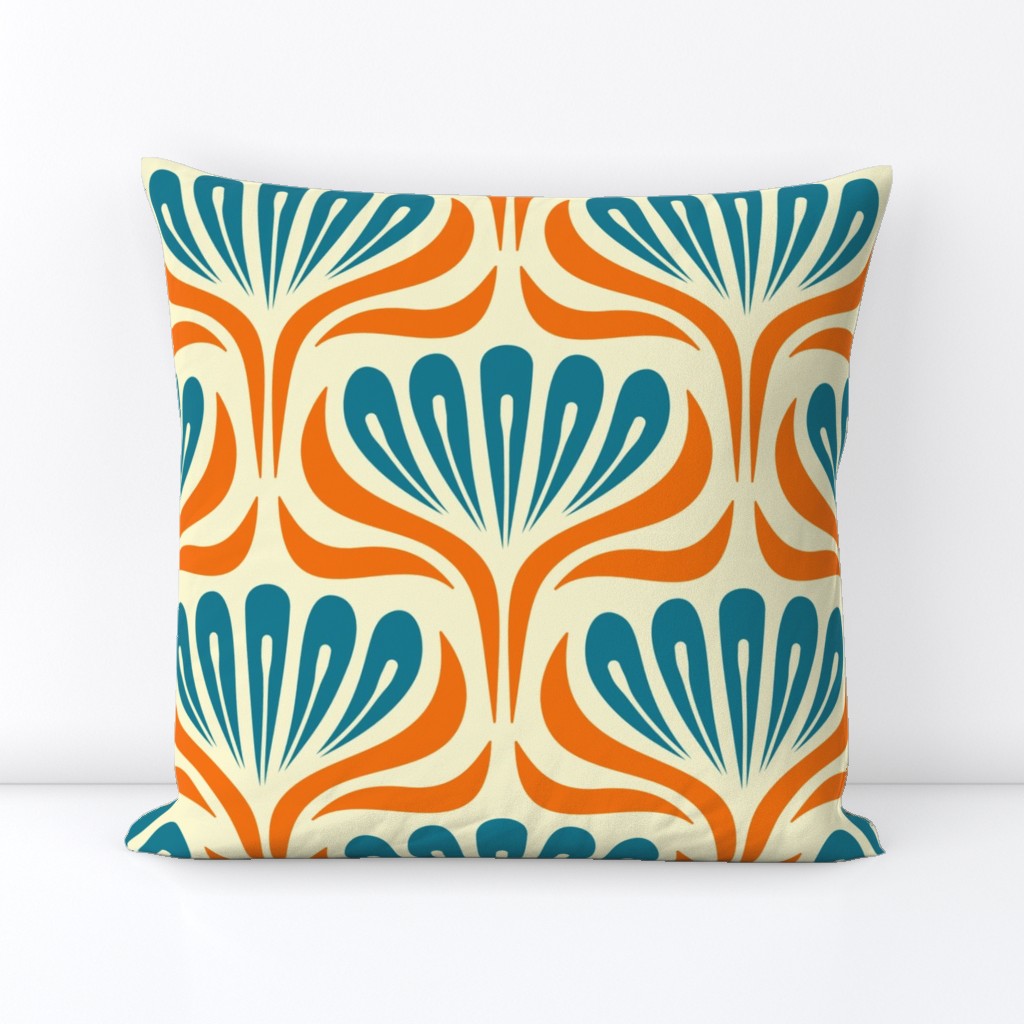 2051 Large - hand drawn abstract flowers, blue / orange