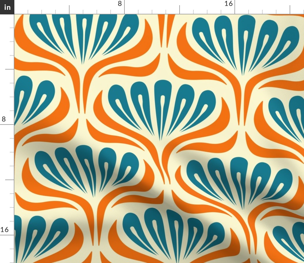 2051 Large - hand drawn abstract flowers, blue / orange