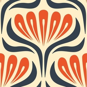 2052 Large - hand drawn abstract flowers, orange / navy