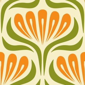 2053 Large - hand drawn abstract flowers, orange / sage