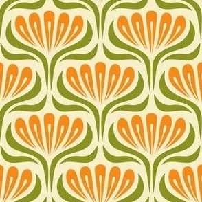 2053 Small - hand drawn abstract flowers, orange / sage