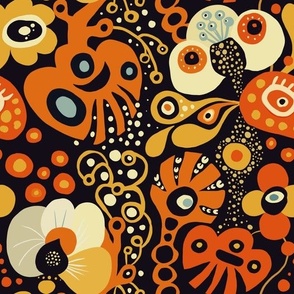 Otherworldly botanical life - 70s retro psychedelic abstract creatures in orange, yellow and red on black