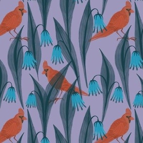 Blue bell flowers and cardinals 6" - red cardinal birds amongst blue flowers, watercolor style  on a purple background