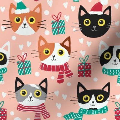 Cute Christmas cat faces blush Christmas xmas fabric WB22