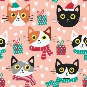 Cute Christmas cat faces blush Christmas xmas fabric WB22