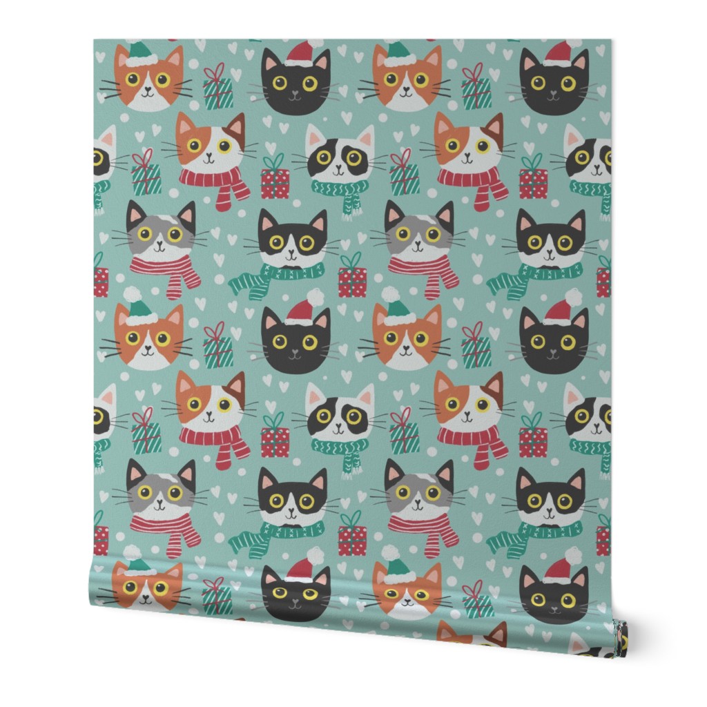 Cute Christmas cat faces turquoise Christmas xmas fabric WB22