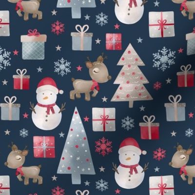 Medium Scale Christmas Wonderland Snowman Reindeer Gifts on Navy