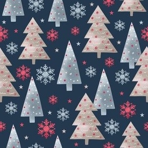 Medium Scale Christmas Trees Winter Wonderland on Navy