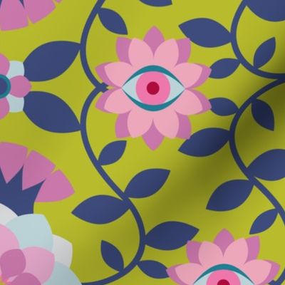 Otherwoldly Botanicals, Bright Bold Florals with Evil Eyes in Lime Green, Blush Pink, Purple, Blue Colors