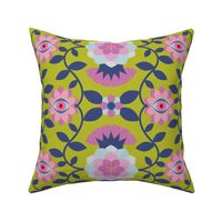 Otherwoldly Botanicals, Bright Bold Florals with Evil Eyes in Lime Green, Blush Pink, Purple, Blue Colors