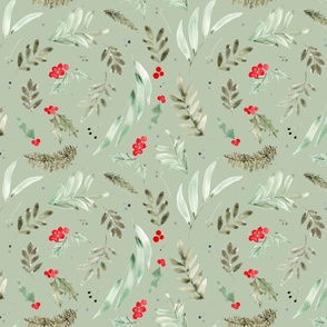 Holly Berry Floral in Frosted Sage - Large