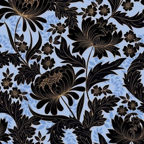 Victorian-era florals black and blue, Art nouveau  Victorian wallpaper,fabric WB22