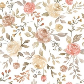 Delicate watercolor beige terracotta brown roses, branches,  herbs, leaves  on white