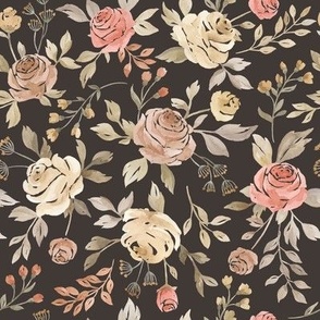 Elegant watercolor beige terracotta brown roses, branches,  herbs, leaves  on dark brown