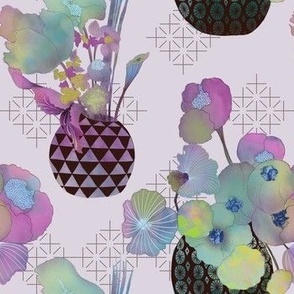 Vases with whimsical flowers watercolour and graphic pattern