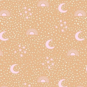 Gritty spots with moon phases stars and sunshine boho universe design pink on orange