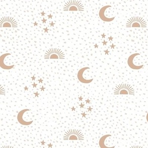 Gritty spots with moon phases stars and sunshine boho universe design tan beige on white 