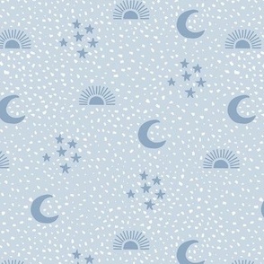 Gritty spots with moon phases stars and sunshine boho universe design cool blue