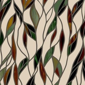 Stained Glass Willow Tree Leaves // Greens and Browns on Beige