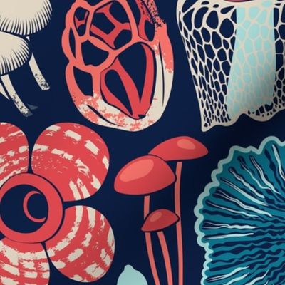 Otherworldly fungi // normal scale // midnight blue background aqua teal coral and red wild toadstool mushrooms 