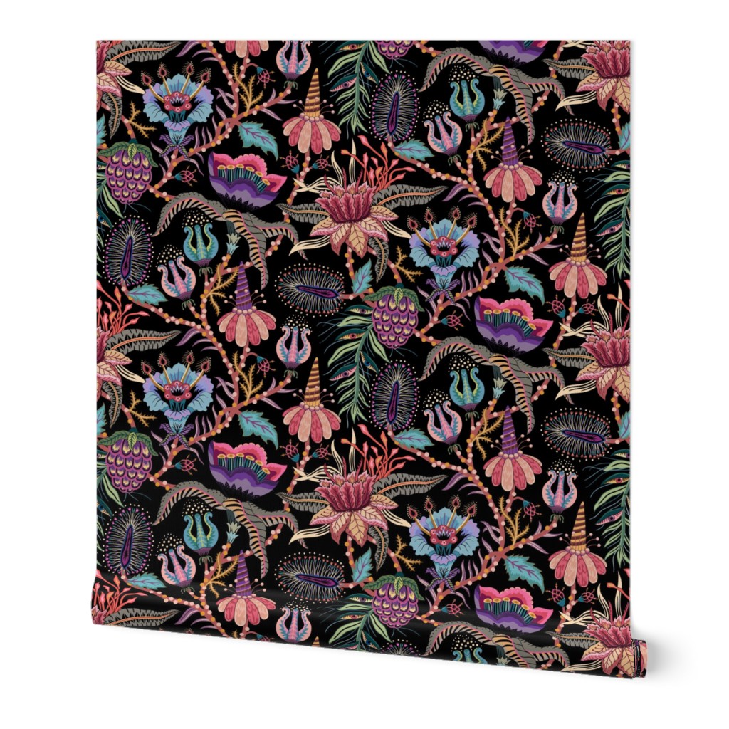 Otherworldly Botanicals - bright, quirky, large flowers and vines - black - extra large