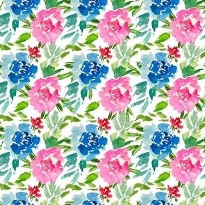Pink and Blue Florals in White

