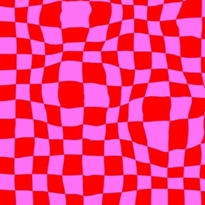 red and pink warped checker pattern